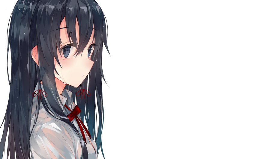 black_hair blue_eyes blush bow kou_mashiro long_hair ribbons seifuku shirt wet white yahari_ore_no_seishun_love_come_wa_machigatteiru. yukinoshita_yukino