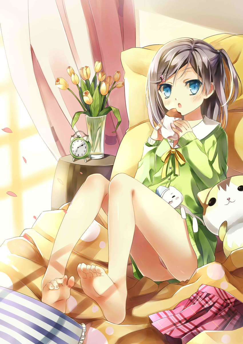 :o absurdres bad_id bad_pixiv_id barefoot bed blouse croquette curtains eating feline female flower hentai_ouji_to_warawanai_neko. highres jiji_(381134808) panties pantyshot pillow pink_panties plaid plaid_skirt shirt sitting skirt stuffed_animal stuffed_cat stuffed_toy sunlight tsutsukakushi_tsukiko underwear unworn_skirt vase