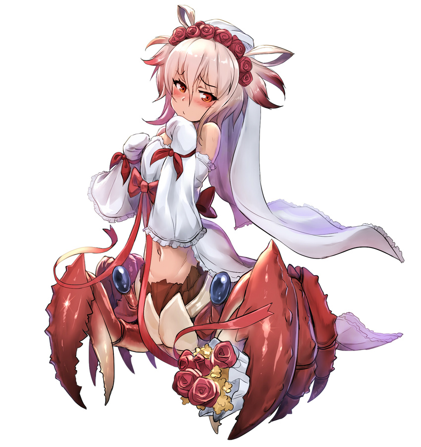 arthropod_girl arthropod_limbs bouquet breasts bride cancer_(monster_girl_encyclopedia) commission crab_claw crab_girl extra_eyes female flower gao_(gaolukchup) hair_flower hair_ornament highres holding holding_bouquet long_sleeves looking_to_the_side monster_girl monster_girl_encyclopedia orange_eyes pincers pink_hair red_flower ribbon short_hair simple_background small_breasts solo taur white_background