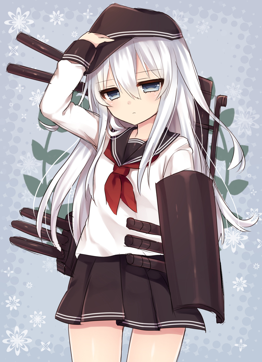 bad_id bad_pixiv_id blue_eyes cannon female grey_hair hat hibiki_(kancolle) highres kantai_collection long_hair long_sleeves petite school_uniform serafuku skirt solo torpedo tsukikage_nemu turret white_hair