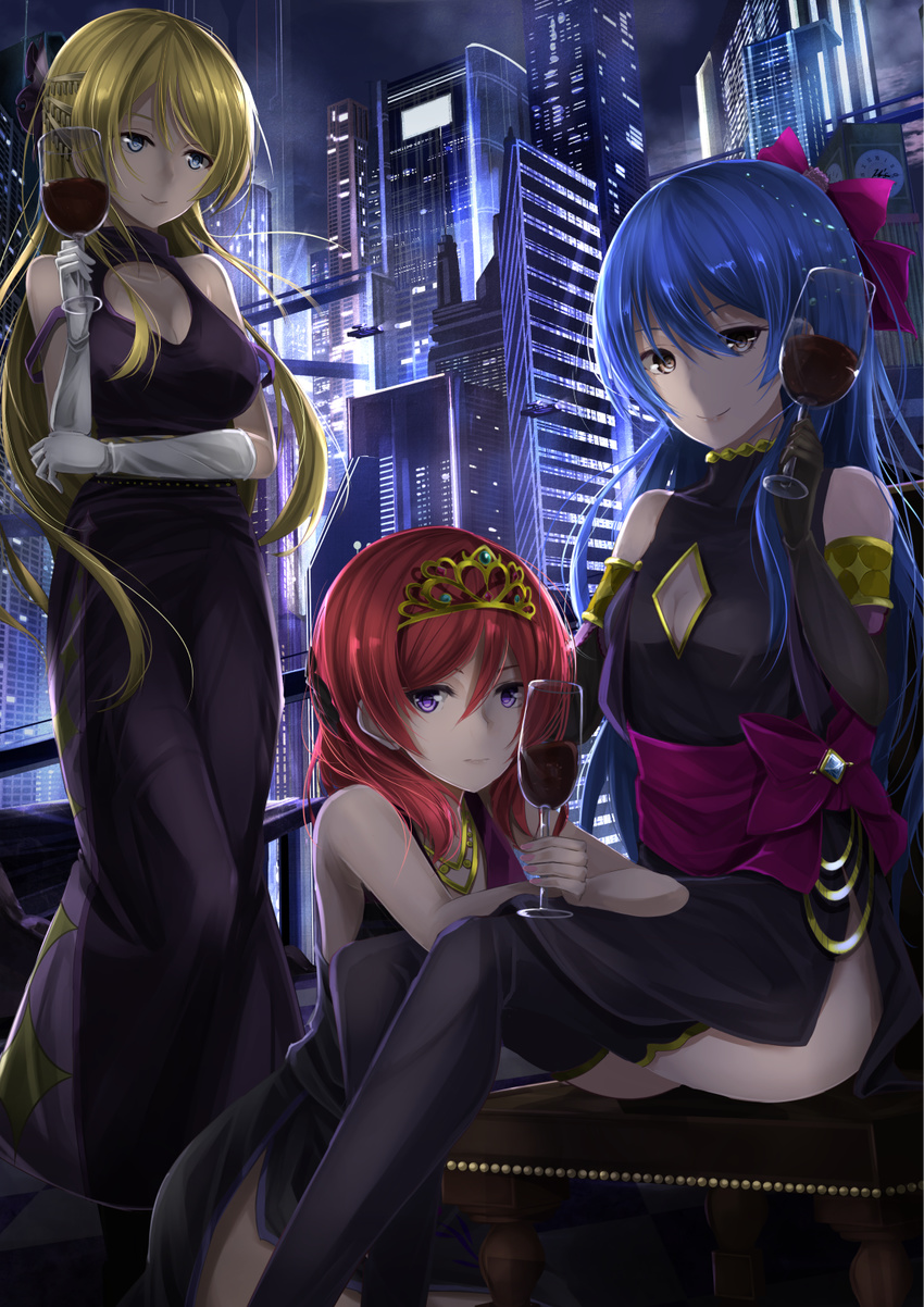 3girls aircraft alcohol ayase_eli bad_id bad_pixiv_id bare_shoulders blonde_hair blue_eyes bow breasts building city cityscape cleavage cleavage_cutout clothing_cutout commentary_request cup dress drinking_glass elbow_gloves flying_car gloves hairbow highres love_live! love_live!_school_idol_project lying_on_lap medium_breasts multiple_girls night nishikino_maki orein purple_eyes red_hair scenery skyscraper small_breasts soldier_game sonoda_umi tiara wine wine_glass