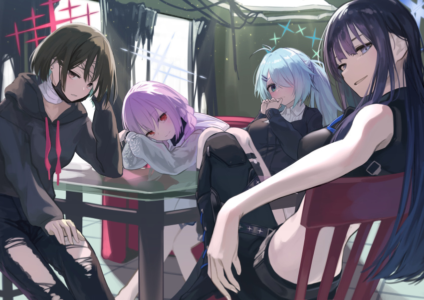 4girls absurdres arius_squad_(blue_archive) atsuko_(blue_archive) bandaged_neck bandages black_hair blue_archive blue_hair blush commentary dark_blue_hair halo highres hiyori_(blue_archive) indoors kuro_shiraga light_blue_hair looking_at_viewer looking_back misaki_(blue_archive) multiple_girls own_hands_together pants pink_hair saori_(blue_archive) sitting smile torn_clothes torn_pants