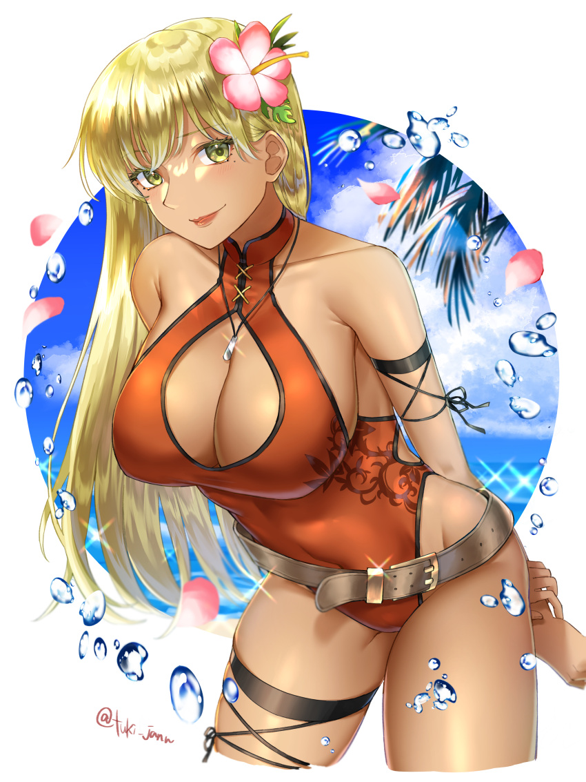 absurdres alternate_costume arm_strap arms_behind_back bare_shoulders blonde_hair blue_sky blush breasts casual_one-piece_swimsuit cleavage cleavage_cutout clothing_cutout cloud cloudy_sky covered_navel cowboy_shot dark-skinned_female dark_skin female fire_emblem fire_emblem:_the_binding_blade flower groin hair_flower hair_ornament highleg highleg_swimsuit highres igrene_(fire_emblem) jewelry large_breasts leaning_forward lips long_hair looking_at_viewer mature_female mole mole_under_eye necklace ocean one-piece_swimsuit palm_tree petals red_leather red_one-piece_swimsuit sideboob skin_tight skindentation sky smile solo swimsuit thighlet thighs tree tsukimura_(d24f4z8j3t) twitter_username yellow_eyes