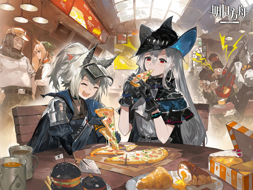 2boys 3girls :d ^_^ alchemaniac animal_ears anniversary arknights baseball_cap big_bob_(arknights) black_capelet black_gloves black_headwear black_jacket box burger capelet carol_(arknights) closed_eyes crowd cup electric_guitar english_text fast_food food gloves grani_(arknights) grey_hair grey_shirt guitar hair_between_eyes hand_up hat head_scarf highres holding holding_food holding_instrument indoors instrument jacket multiple_boys multiple_girls official_art open_mouth pizza ponytail red_eyes restaurant reunion_soldier_(arknights) shirt short_hair skadi_(arknights) smile upper_body welding_mask white_shirt