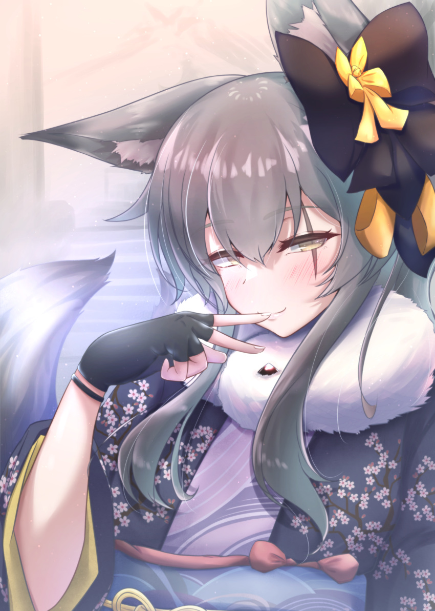 absurdres animal_ear_fluff animal_ears black_bow black_gloves blush bow eyebrows female fingerless_gloves fingers_to_mouth fox_ears fox_tail fur-trimmed_kimono fur_trim girls'_frontline gloves grey_hair hairbow head_tilt highres hitodama japanese_clothes kemonomimi_mode kimono lips looking_at_viewer multicolored_bow obi official_alternate_costume sash scar scar_across_eye scar_on_face sidelocks smile solo sopranino tail ump45_(girls'_frontline) ump45_(lonely_traveler_of_eternity)_(girls'_frontline) wide_sleeves yellow_bow yellow_eyes