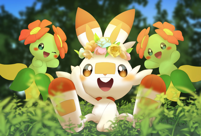 :d absurdres bellossom blurry blush brown_eyes commentary_request day grass highres no_humans one_eye_closed open_mouth outdoors pokemon pokemon_(creature) purobe scorbunny sitting smile teeth toes tongue upper_teeth_only