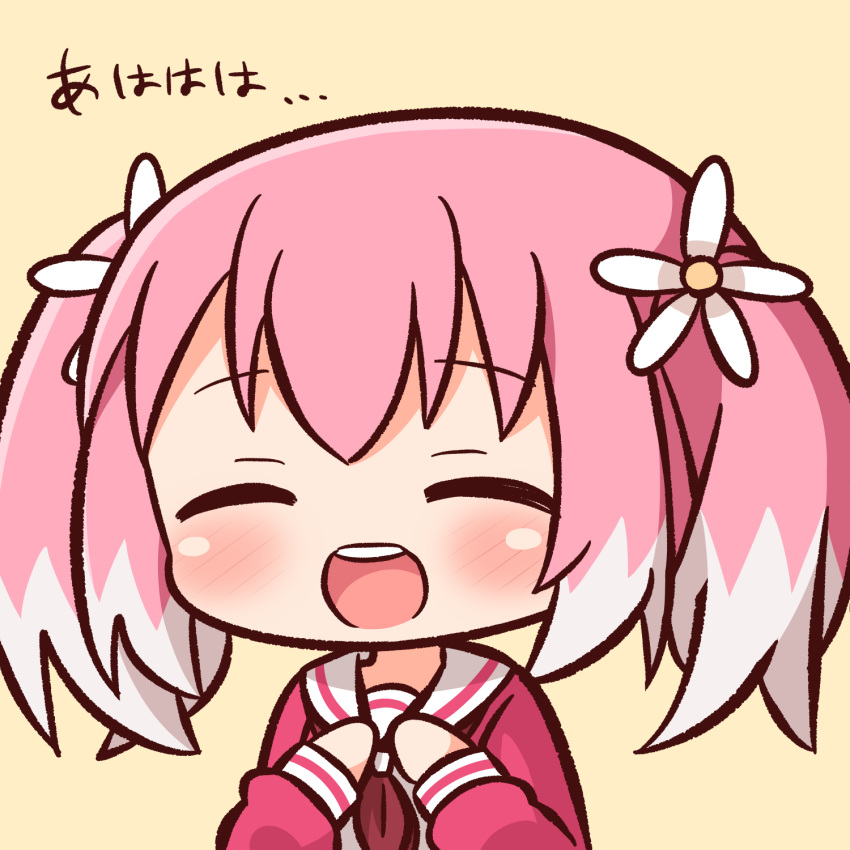 :d ^_^ blush brown_background chibi closed_eyes commentary_request dress facing_viewer female flower hair_flower hair_ornament hana_kazari hands_up highres hiiragi_nana long_sleeves multicolored_hair munou_na_nana neckerchief open_mouth pink_dress pink_hair red_neckerchief round_teeth sailor_collar sailor_dress simple_background smile solo teeth translated twintails two-tone_hair upper_body upper_teeth_only white_flower white_hair white_sailor_collar