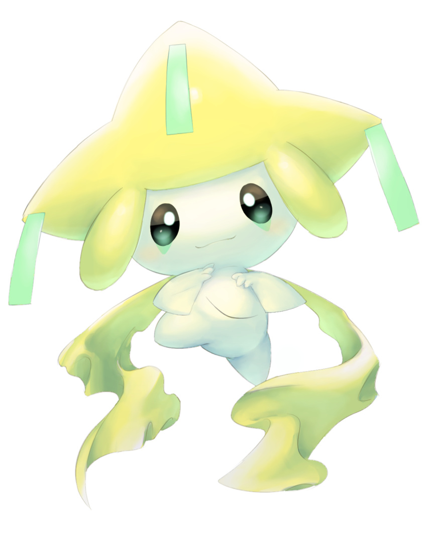 blush closed_mouth commentary_request full_body green_eyes hands_up highres jirachi looking_at_viewer no_humans pokemon pokemon_(creature) purobe simple_background smile solo white_background