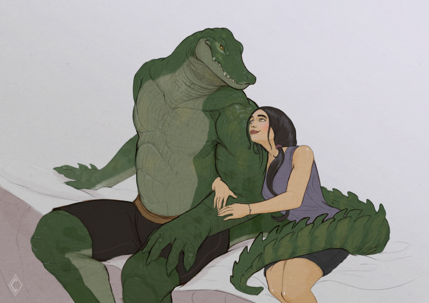 abs amarian anthro bed bracelet brown_hair claws clothed clothing crocodile crocodilian crocodylid cuddling duo female female_on_anthro furniture green_body green_scales hair hand_on_arm hand_on_lap holding_arm hug human human_on_anthro interspecies intimate jewelry larger_anthro larger_male looking_at_another looking_at_partner male male/female male_on_human mammal muscular muscular_anthro muscular_male purple_clothing purple_shirt purple_tank_top purple_topwear reptile romantic romantic_couple scales scalie sharp_teeth shirt sitting size_difference smaller_female smaller_human smile tail_around_partner tank_top teeth topwear underwear underwear_only yellow_eyes