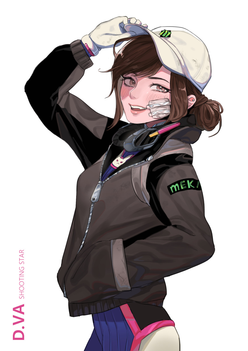 adjusting_clothes adjusting_headwear alternate_hair_length alternate_hairstyle azi4645 bandaid bandaid_on_face baseball_cap bodysuit brown_eyes brown_hair bruise d.va_(overwatch) dirty dirty_face female gloves hair_bun hand_in_own_hair hat headphones headphones_around_neck highres injury jacket lips oerba_yun_fang overwatch overwatch_1 parted_lips pilot_suit science_fiction shooting_star_d.va single_hair_bun solo swept_bangs updo white_gloves wireless zipper_pull_tab