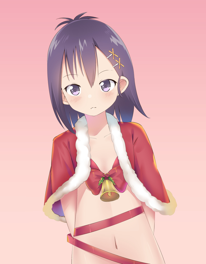 absurdres arms_behind_back bell blush breasts capelet christmas expressionless female fur-trimmed_capelet fur_trim gabriel_dropout hair_between_eyes hair_ornament hairclip highres looking_at_viewer medium_hair meng_jiang merry_christmas naked_capelet naked_ribbon navel purple_eyes purple_hair red_capelet red_ribbon ribbon small_breasts solo vignette_tsukinose_april x_hair_ornament