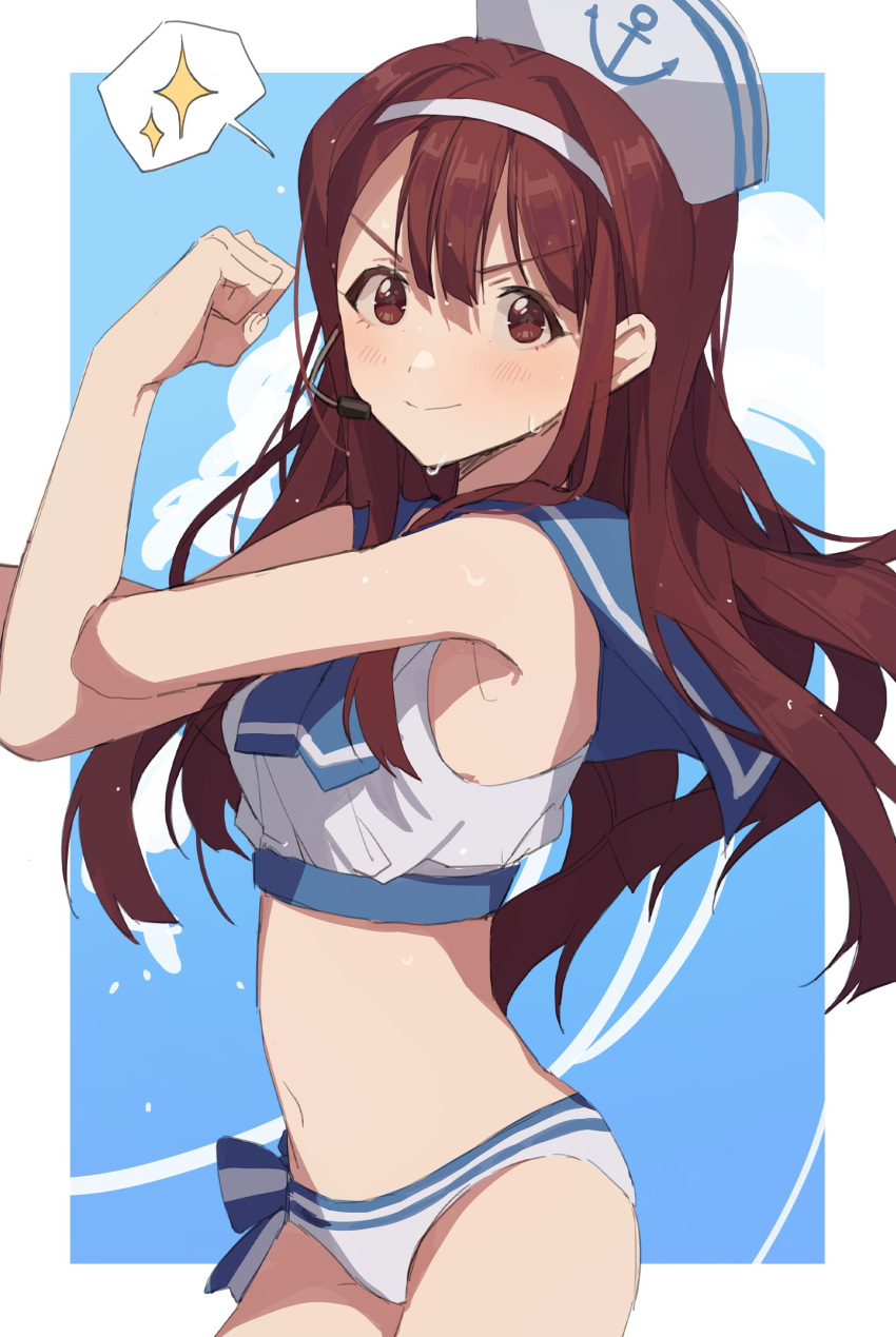 absurdres armpits blue_sailor_collar blue_sky blush border breasts brown_eyes brown_hair closed_mouth crop_top dot_nose female hairband hano9789 hat highres idolmaster idolmaster_million_live! idolmaster_million_live!_theater_days long_hair looking_at_viewer medium_breasts microphone navel outside_border sailor_collar sailor_hat sailor_swimsuit_(idolmaster) sky smile solo sparkle speech_bubble standing stretching sweat tanaka_kotoha waves white_border