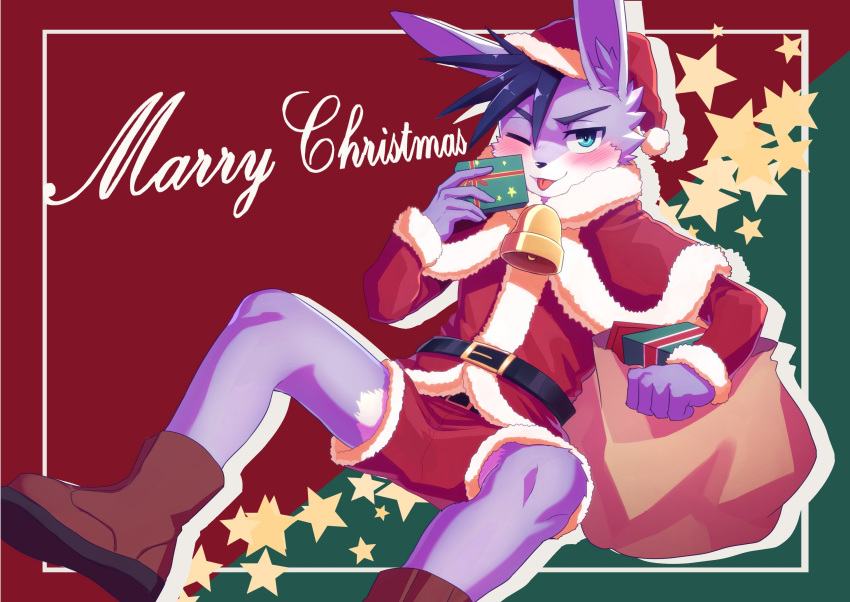 anthro christmas christmas_clothing christmas_headwear christmas_present clothing cowbell felid feline gift hat headgear headwear hi_res holidays kemono male mammal manadezimon merry_christmas one_eye_closed santa_hat solo star tongue tongue_out wink