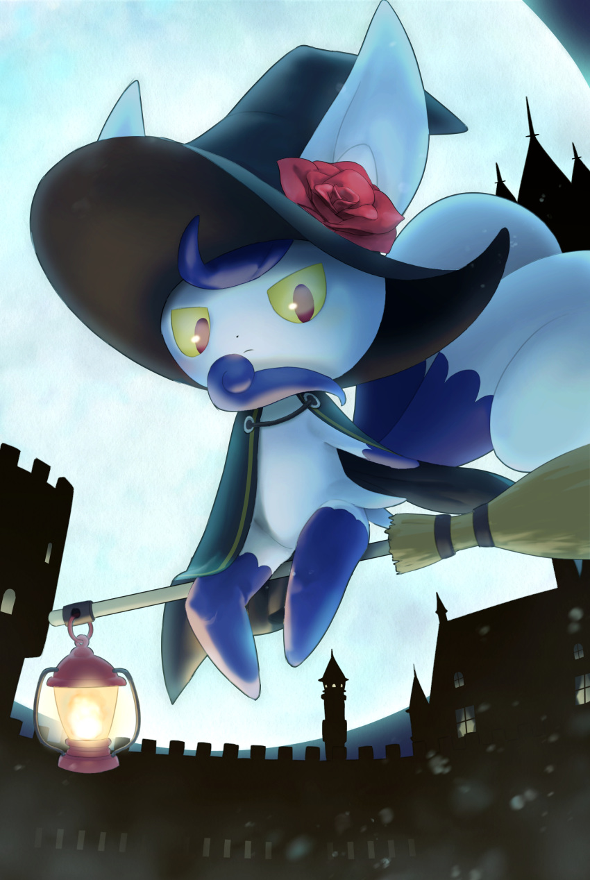 absurdres black_hat broom broom_riding closed_mouth colored_sclera commentary_request from_below hat highres looking_at_viewer looking_down meowstic meowstic_(female) no_humans pokemon pokemon_(creature) purobe red_eyes sidesaddle sitting solo witch_hat yellow_sclera