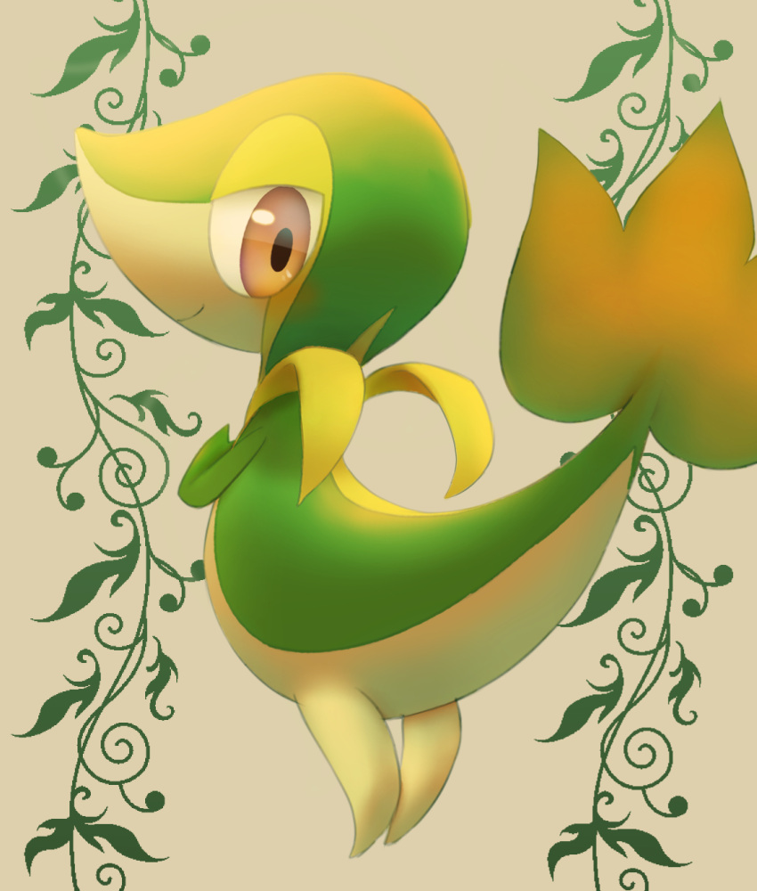 closed_mouth commentary_request hand_up highres looking_at_viewer looking_back no_humans orange_eyes pokemon pokemon_(creature) purobe smile snivy solo