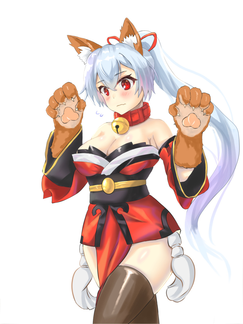 animal_ear_fluff animal_ears animal_hands bare_shoulders bell black_thighhighs blush breasts cat_paws cleavage collar cosplay detached_sleeves fate/grand_order fate_(series) female fox_ears gloves grey_hair highres japanese_clothes jingle_bell kimono large_breasts long_hair looking_down neck_bell paw_gloves ponytail red_eyes red_ribbon ribbon short_kimono simple_background solo tamamo_(fate) tamamo_cat_(fate) tamamo_cat_(fate)_(cosplay) tamamo_cat_(first_ascension)_(fate) tamamo_cat_(first_ascension)_(fate)_(cosplay) thighhighs tomoe_gozen_(fate) very_long_hair wavy_mouth white_background yahan_(mctr5253)