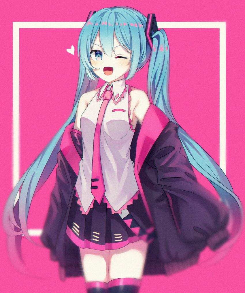 ;d absurdres black_skirt black_thighhighs blue_eyes blue_hair breasts collared_shirt commentary cosplay cowboy_shot female floating_hair gradient_hair hatsune_miku heart highres ille_(xcpa7325) long_hair looking_at_viewer miniskirt multicolored_hair necktie one_eye_closed open_mouth pink_background pink_hair pink_necktie pleated_skirt sakura_miku sakura_miku_(cosplay) self_cosplay shirt skirt sleeveless sleeveless_shirt small_breasts smile solo standing thighhighs very_long_hair vocaloid white_shirt wing_collar zettai_ryouiki