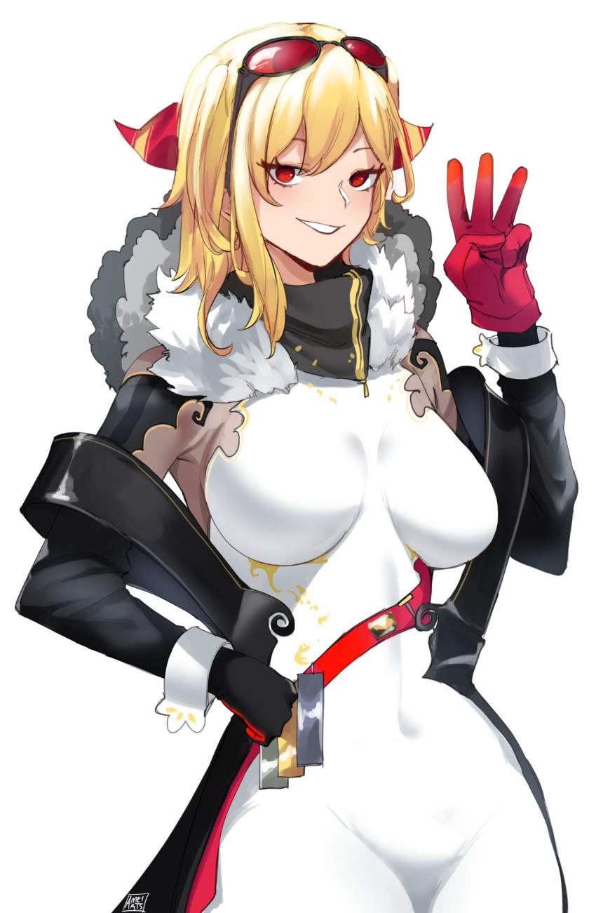 ameiarts black_gloves black_scarf blonde_hair bodysuit breasts clenched_hand covered_navel english_commentary eyebrows_hidden_by_hair eyewear_on_head female gloves hand_on_own_hip highres hololive hololive_indonesia kaela_kovalskia kaela_kovalskia_(1st_costume) large_breasts looking_at_viewer medium_hair red-tinted_eyewear red_eyes red_gloves scarf smile solo sunglasses tinted_eyewear upper_body virtual_youtuber w white_background white_bodysuit