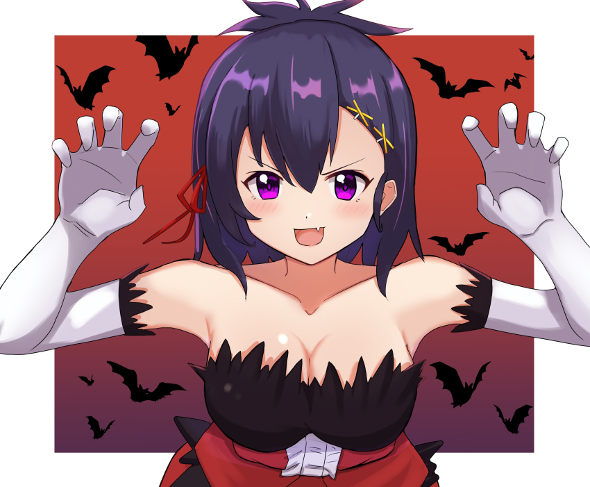 :d absurdres ao_(flowerclasse) bare_shoulders bat_(animal) blush breasts claw_pose cleavage commentary_request cosplay dress elbow_gloves feather-trimmed_gloves feather_trim female frilled_dress frills gabriel_dropout gloves hair_between_eyes hair_ornament hair_ribbon hairclip hands_up highres kiss-shot_acerola-orion_heart-under-blade kiss-shot_acerola-orion_heart-under-blade_(cosplay) kizumonogatari large_breasts looking_at_viewer medium_breasts medium_hair monogatari_(series) oerba_yun_fang open_mouth oshino_shinobu purple_eyes purple_hair red_dress red_ribbon ribbon smile smug solo strapless strapless_dress upper_body vignette_tsukinose_april white_gloves x_hair_ornament