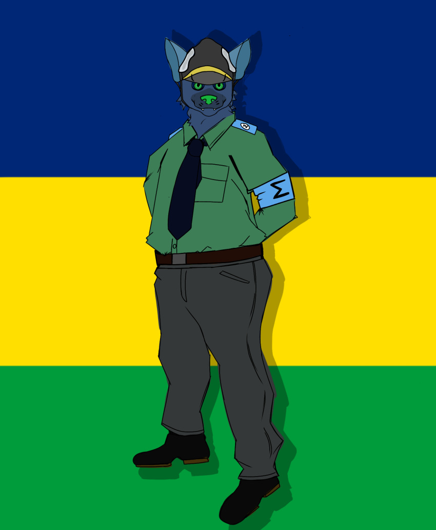 anthro blue_body blue_fur brazil clothing flat_colors fur hi_res hyena khino male mammal military military_uniform simple_background soldier solo striped_hyena uniform warrior