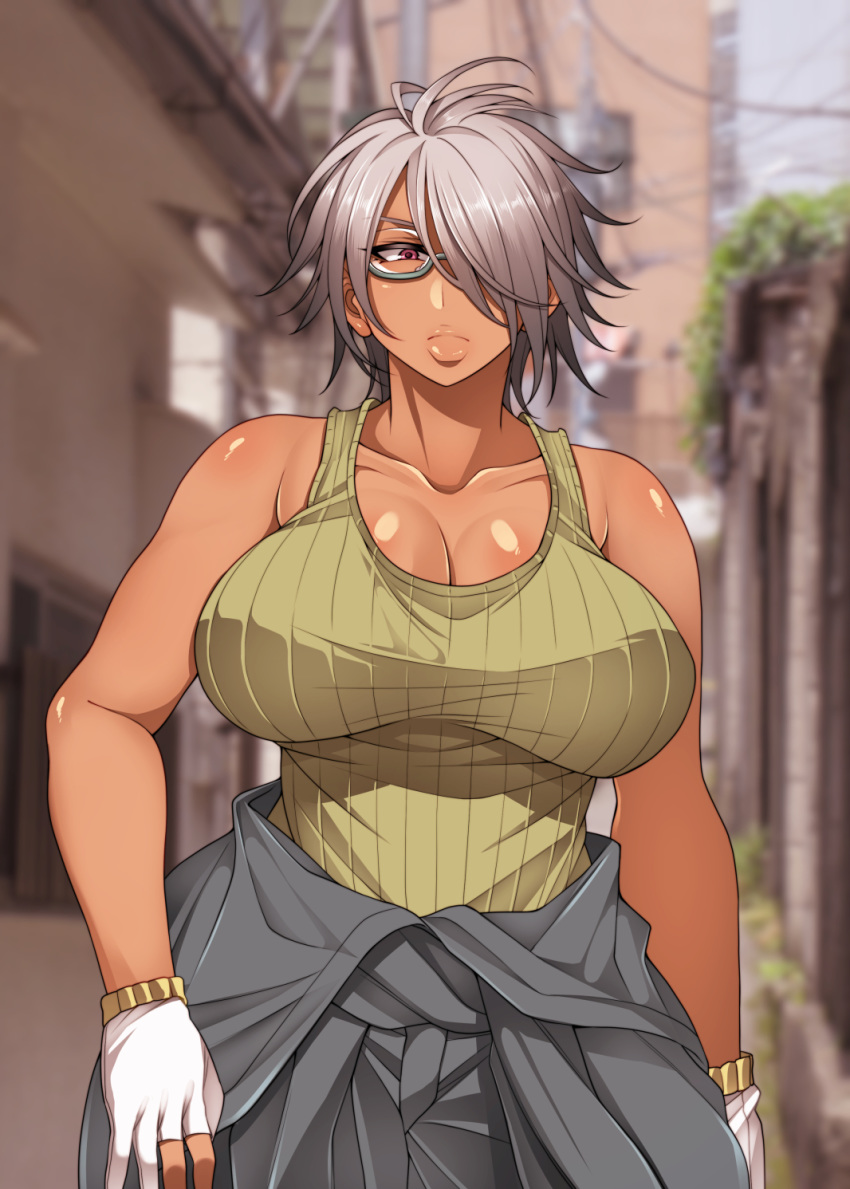 bare_shoulders blurry blurry_background breasts brown_eyes cleavage closed_mouth clothes_around_waist collarbone commentary_request dark-skinned_female dark_skin female glasses gloves green_tank_top grey_hair hair_over_one_eye highres jacket jacket_around_waist korotsuke large_breasts nekura_megane nekura_mikino original outdoors partially_fingerless_gloves ribbed_shirt shirt short_hair solo standing tan tank_top utility_pole white_gloves