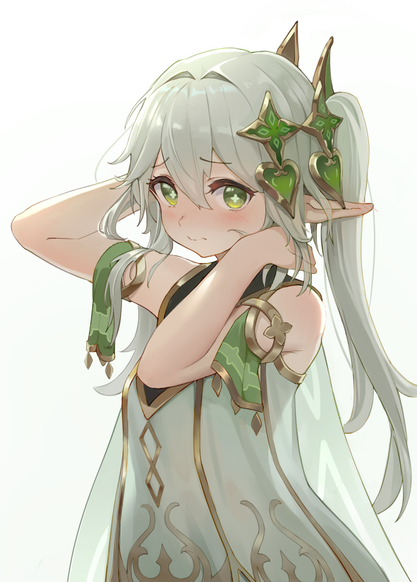 amco arm_up bare_arms bare_shoulders blush breasts closed_mouth commentary cross-shaped_pupils dress ear_blush female genshin_impact gold_trim green_eyes grey_hair hair_intakes hair_ornament hand_in_own_hair hand_up highres long_hair nahida_(genshin_impact) pointy_ears raised_eyebrows see-through see-through_dress see-through_silhouette side_ponytail sidelocks simple_background small_breasts solo symbol-shaped_pupils upper_body wavy_mouth white_background