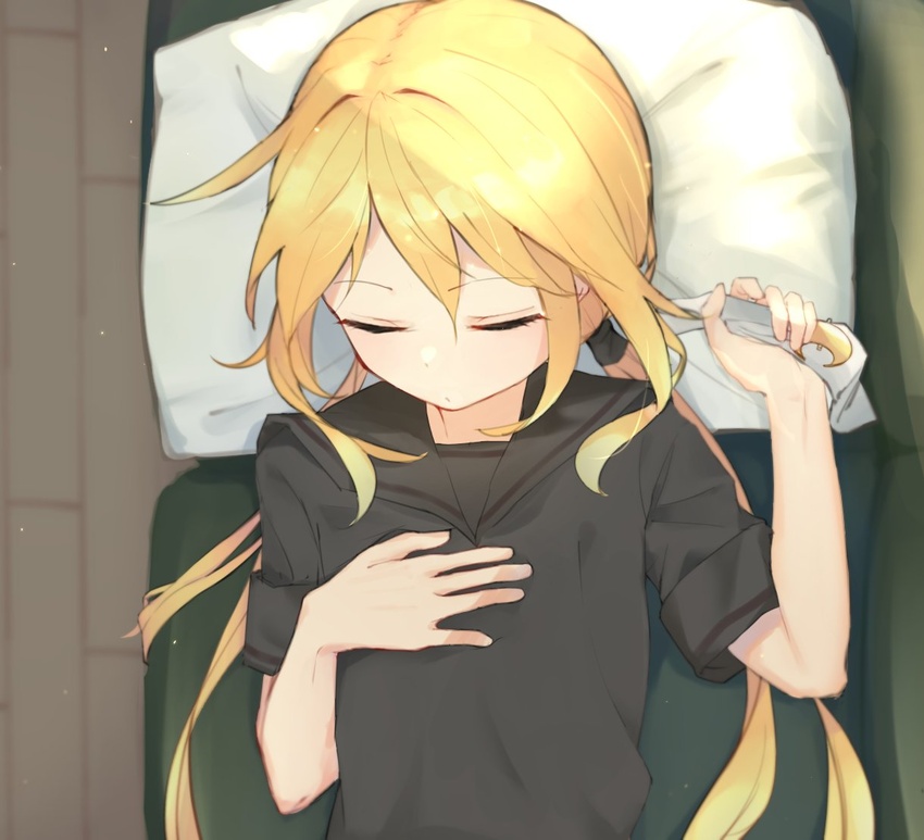 black_serafuku blonde_hair commentary couch crescent crescent_pin female from_above hands_on_own_chest kantai_collection long_hair lying makkusu_(max_101010) neck_ribbon_removed pillow ribbon satsuki_(kancolle) school_uniform serafuku short_sleeves sleeping solo twintails upper_body white_ribbon