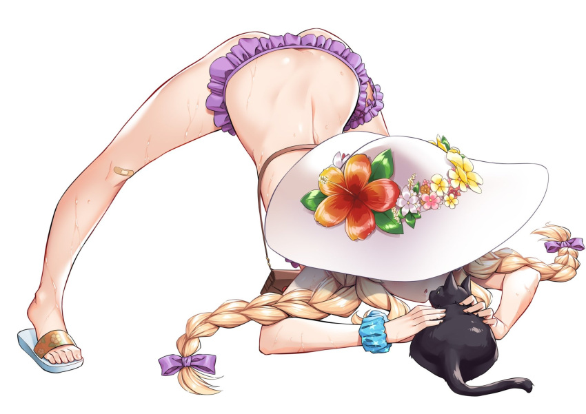 :o @ichigo ass back bag bandaid bandaid_on_knee bandaid_on_leg bare_legs bikini black_cat blonde_hair blue_scrunchie bow braid bridal_garter butt_crack chestnut_mouth feet feline female flower frilled_bikini frills full_body hairbow handbag hands_on_ground hat hat_flower hibiscus highres jack-o'_challenge little_witch_nobeta long_hair nobeta official_alternate_costume official_art parted_lips phyllis_(cat)_(little_witch_nobeta) phyllis_(little_witch_nobeta) purple_bikini purple_bow sandals scrunchie shaded_face simple_background solo spread_legs sun_hat swimsuit thighs toes top-down_bottom-up twin_braids twintails wet white_background white_hat wide_spread_legs wrist_scrunchie