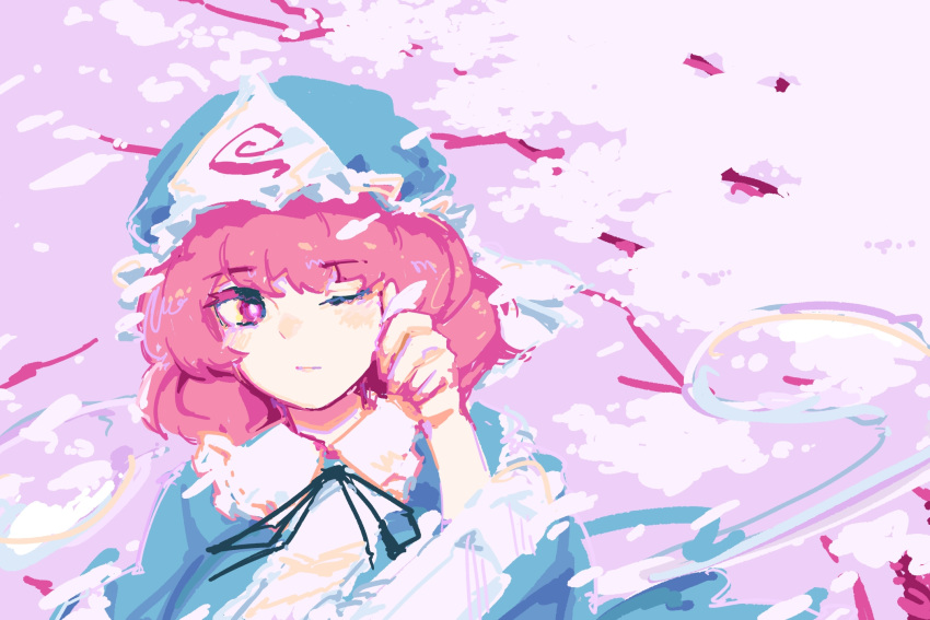 :/ black_ribbon blue_hat blue_kimono branch bright_pupils center_frills cherry_blossoms commentary falling_petals female frills hand_on_own_face hat highres hitodama japanese_clothes kimono looking_to_the_side mob_cap neck_ribbon one_eye_closed petals pink_background pink_eyes pink_hair ribbon saigyouji_yuyuko short_hair solo touhou triangular_headpiece upper_body wasabisuke wide_sleeves