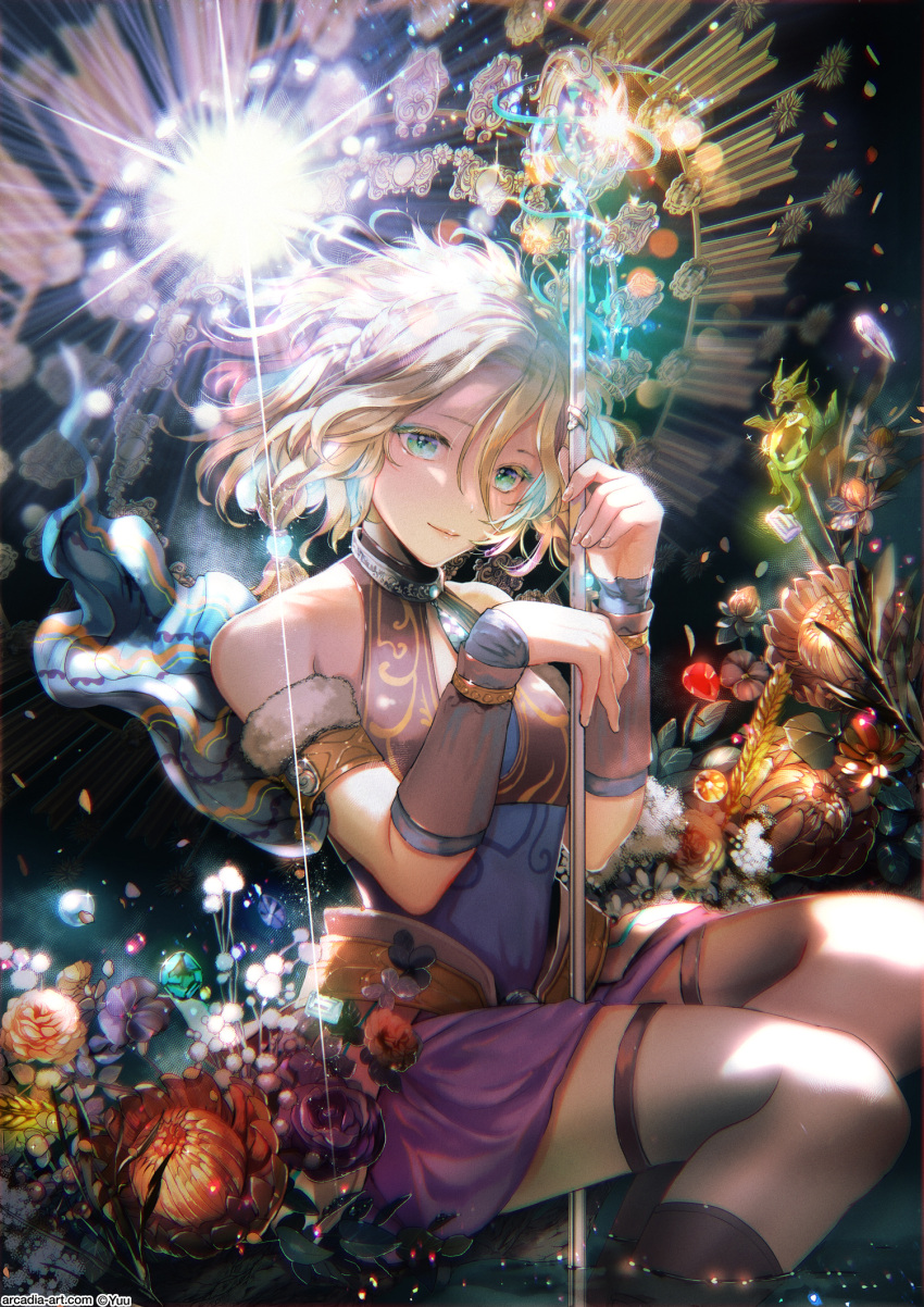 aged_up armlet artist_name bare_shoulders blonde_hair blue_hair braid breasts commission dress duel_monster feet_out_of_frame female fingernails flower glowing_staff green_eyes highres holding holding_staff jewelry multicolored_hair neck_ring pixiv_commission purple_hair ritual_beast_tamer_wen short_hair sitting sleeveless solo staff thighhighs yu-gi-oh! yuu_(arcadia)