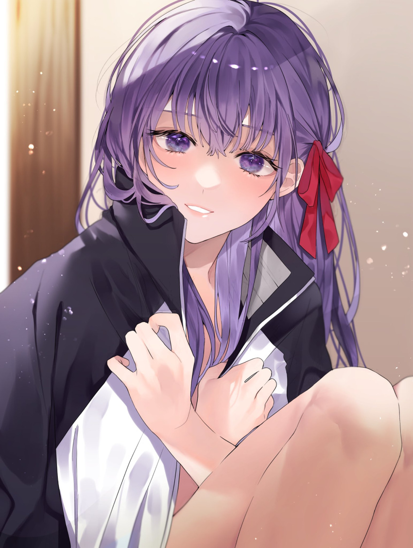 black_jacket blush borrowed_clothes breasts commentary_request emiya_shirou fate/stay_night fate_(series) female hair_ribbon highres jacket knees_up long_hair looking_at_viewer matou_sakura parted_lips purple_eyes purple_hair red_ribbon ribbon shimatori_(sanyyyy) sitting smile solo teeth white_jacket