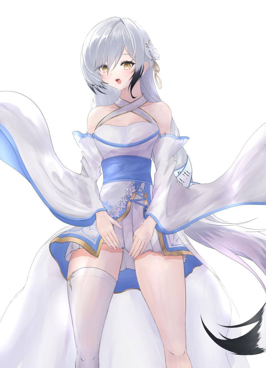 :o absurdres azur_lane bare_shoulders blush breasts collarbone dress feet_out_of_frame female hai_tien_(azur_lane) highres long_hair looking_at_viewer medium_breasts multicolored_hair open_mouth single_thighhigh solo standing thighhighs very_long_hair white_background white_dress white_hair white_thighhighs yellow_eyes yoshi-j