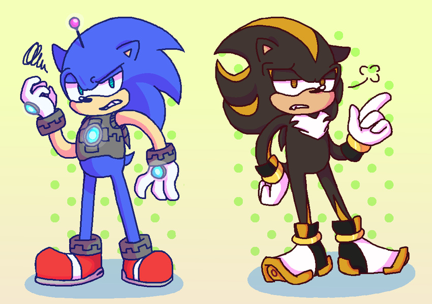 anthro armor black_body black_fur blue_body blue_eyes blue_fur clothing duo eulipotyphlan frown fur gloves handwear hear-the-sonic-youth hedgehog machine male mammal robot sega shadow_android sonic_the_hedgehog_(series) virtual_hedgehog yellow_body yellow_eyes yellow_fur