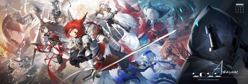 1other 2022 2boys 6+girls :d absurdly_long_hair ambiguous_gender animal_ears aqua_gloves aqua_headwear archetto_(arknights) arknights armor ashlock_(arknights) bare_shoulders black_shirt black_shorts blonde_hair blue_hair bow_(weapon) brown_eyes brown_hair carnelian_(arknights) cat_ears celebration chess_piece closed_eyes clothing_cutout coat compound_bow copyright_name crossbow doctor_(arknights) dress dual_persona ear_covers ears_through_headwear facing_away fartooth_(arknights) feather_hair flametail_(arknights) gambeson gauntlets glasses gloves gnosis_(arknights) goat_ears goat_girl goat_horns grin hair_ornament happy_new_year hat headgear heterochromia highres holding holding_bow_(weapon) holding_crossbow holding_polearm holding_umbrella holding_weapon hood hood_up horns jewelry kal'tsit_(arknights) knee_pads lance long_hair looking_at_viewer low_ponytail material_growth mizuki_(arknights) multicolored_hair multiple_boys multiple_girls navel navel_cutout nearl_(arknights) nearl_the_radiant_knight_(arknights) necklace official_alternate_costume open_mouth oripathy_lesion_(arknights) pauldrons pink_eyes polearm red_dress red_eyes red_hair red_shirt rook_(chess) scroll semi-rimless_eyewear shirt short_hair shorts shoulder_armor shuiyaoximushi skadi_(arknights) skadi_the_corrupting_heart_(arknights) smile streaked_hair tiara transparent transparent_umbrella umbrella under-rim_eyewear very_long_hair visor_(armor) weapon white_coat wild_mane_(arknights) yellow_eyes