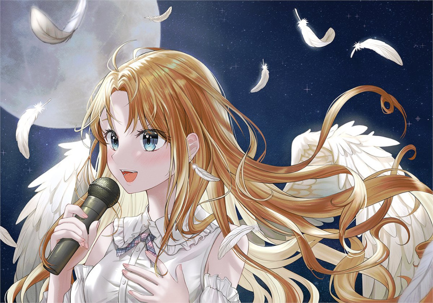 bare_shoulders blonde_hair bukkuming collar commentary detached_sleeves feathered_wings feathers female fingernails floating_hair frilled_collar frills full_moon full_moon_wo_sagashite hand_on_own_chest kouyama_mitsuki long_hair microphone moon music night open_mouth parted_bangs singing solo teeth upper_body white_feathers white_wings wind wings