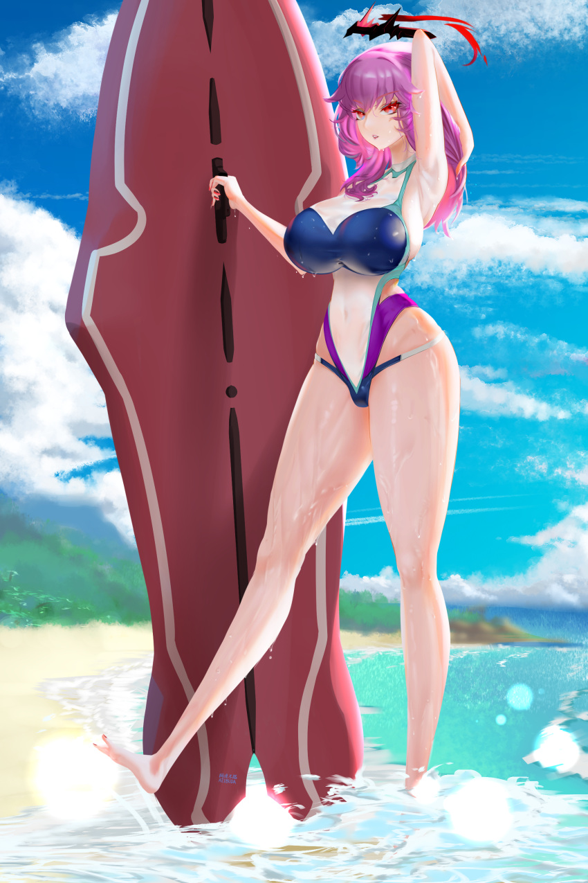 absurdres alternate_costume arm_behind_head armpits azibuda azur_lane bad_id bad_pixiv_id barefoot beach blue_sky breasts cloud commentary competition_swimsuit covered_navel day duca_degli_abruzzi_(azur_lane) female full_body halo hand_in_own_hair highres holding holding_surfboard huge_breasts impossible_clothes impossible_swimsuit legs long_hair looking_at_viewer multicolored_clothes multicolored_swimsuit nail_polish one-piece_swimsuit open_mouth outdoors parted_lips purple_hair red_eyes red_nails skin_tight sky solo standing surfboard swimsuit thighs toes water wet wet_clothes wet_swimsuit