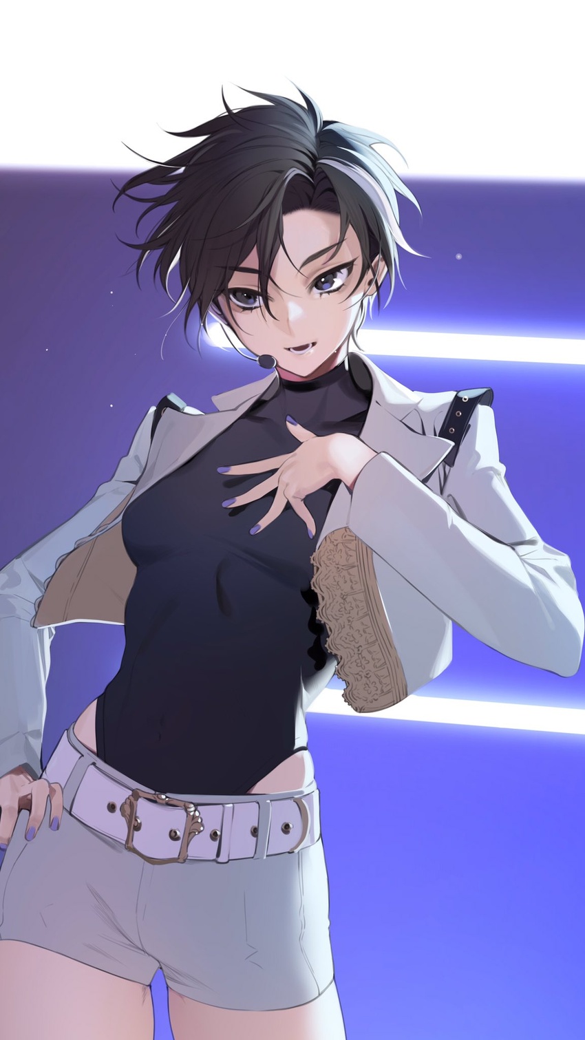 bad_id bad_twitter_id belt black_hair black_leotard blue_eyes blue_nails breasts commentary cowboy_shot female fingernails hair_between_eyes hand_on_own_chest hand_on_own_hip hand_up highres jacket keishi_(shining_star) leotard leotard_under_clothes long_sleeves medium_breasts microphone nail_polish ohisashiburi open_mouth purple_nails shining_star short_hair short_shorts shorts solo tomboy white_belt white_jacket white_shorts