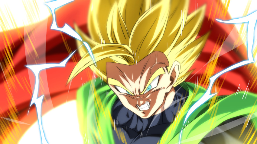 1boy angry aura black_bodysuit blue_eyes blue_hair bodysuit cape clenched_teeth dragon_ball dragon_ball_z electricity furious great_saiyaman male_focus red_cape rom_(20) solo son_gohan spiked_hair super_saiyan super_saiyan_2 teeth upper_body