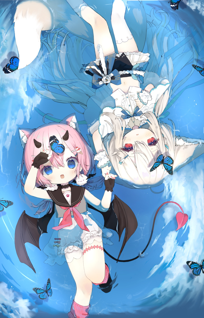 2girls absurdres ahoge animal_ear_fluff animal_ears asymmetrical_legwear bare_shoulders belt black_gloves black_sailor_collar black_wings blue_bow blue_eyes blue_ribbon bow bowtie braid brown_eyes cape capelet cat_ears cat_girl closed_mouth collared_shirt commentary commission commissioner_upload crop_top demon_girl demon_tail demon_wings dress ears_down eyebrows_hidden_by_hair feet_out_of_frame fingerless_gloves fox_ears fox_girl fox_tail frilled_capelet frilled_skirt frills gloves hair_between_eyes hair_ornament hair_over_shoulder hair_ribbon hair_scrunchie hairclip hairpin high_collar highres horns kneehighs large_ears large_tail layered_capelet layered_skirt long_hair low_twintails midriff miniskirt mirukutarou mismatched_legwear multiple_girls nail_polish navel original pink_hair pink_nails red_eyes ribbon sailor_collar sailor_dress sakurada_hane sakurada_shiro_(hy_plus) sakurada_shiro_(summer)_(hy_plus) scrunchie shirt short_hair side_braid single_sock single_thighhigh skeb_commission skirt sleeveless sleeveless_dress socks tail thighhighs tied_hair twintails very_long_hair white_cape white_hair white_shirt white_socks white_thighhighs wings wrist_cuffs wrist_scrunchie