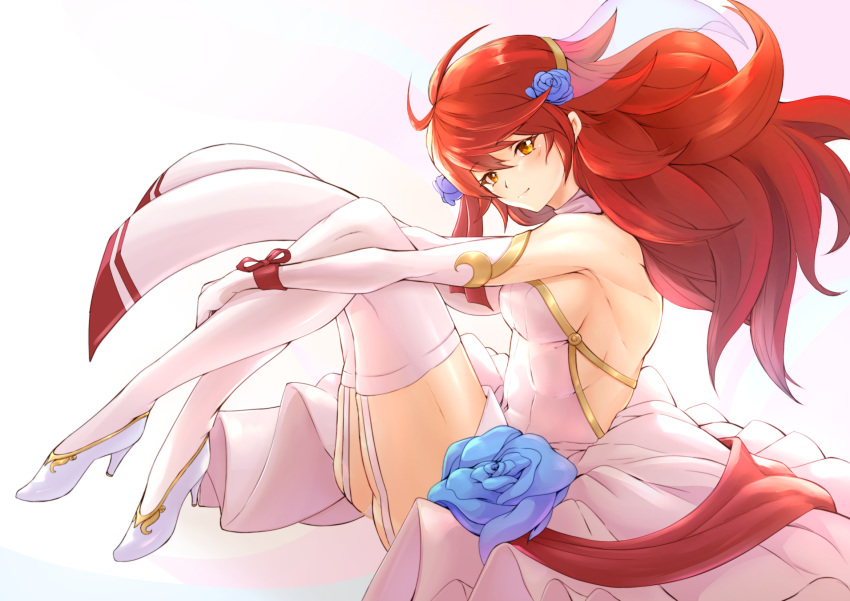 alternate_costume alternate_hair_length alternate_hairstyle bad_id bad_pixiv_id blush breasts bridal_gauntlets bridal_veil bride bride_(fire_emblem) brown_eyes deekei dress female fire_emblem fire_emblem_fates fire_emblem_heroes flower garter_straps hair_flower hair_ornament high_heels highres hinoka_(fire_emblem) long_hair looking_at_viewer medium_breasts red_hair sideboob sitting smile solo thighhighs thighs veil wedding_dress white_background zettai_ryouiki