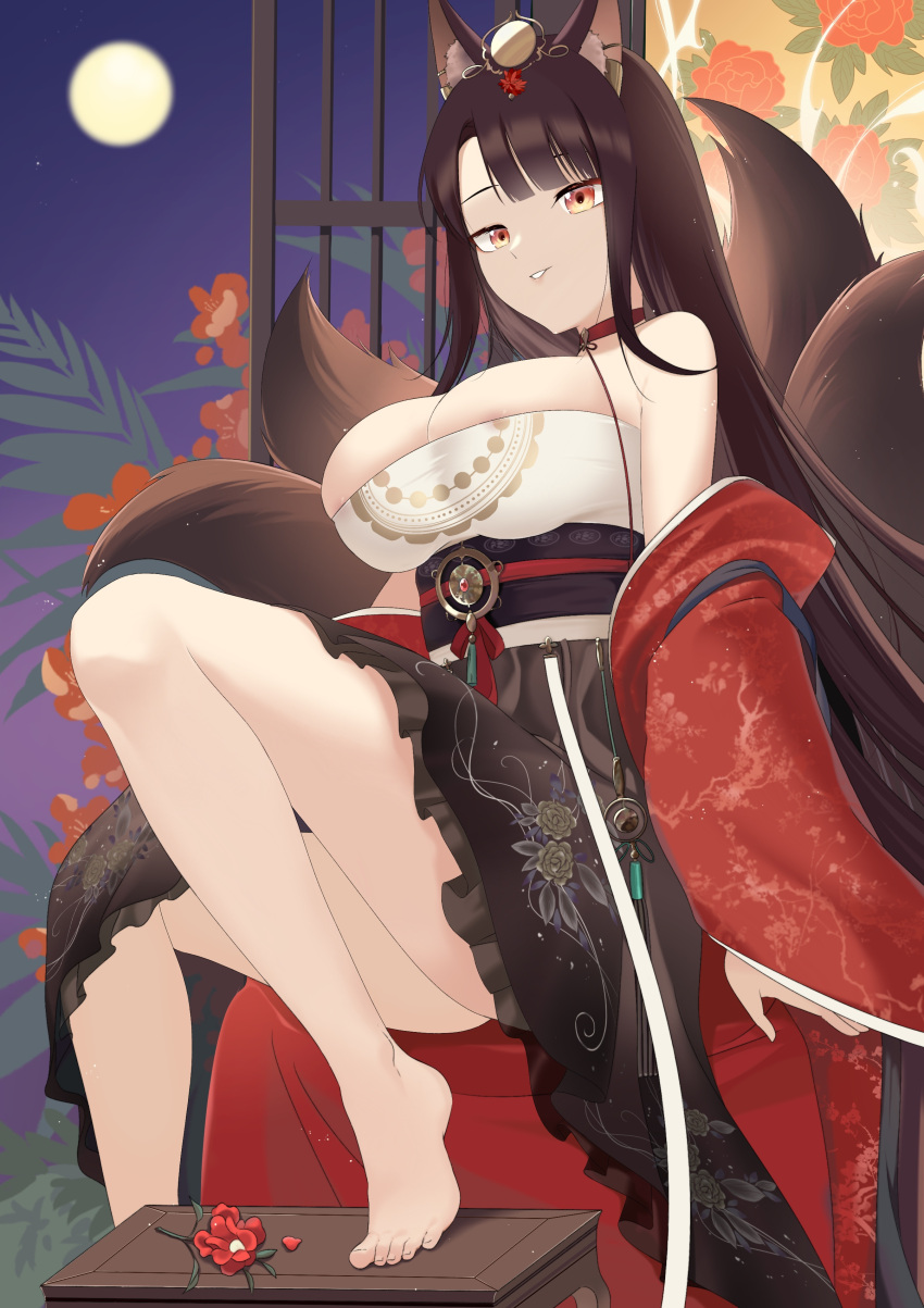 absurdres akagi_(azur_lane) akagi_(dawn_phoenix's_summons)_(azur_lane) animal_ears azur_lane barefoot breasts brown_hair cleavage dress female fox_ears fox_tail highres large_breasts long_hair looking_at_viewer moon night night_sky official_alternate_costume orange_eyes oxygen_mask_(oxygenmask233) parted_lips sitting sky solo tail toes