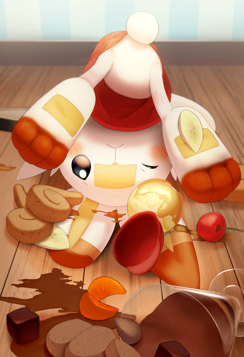 absurdres banana banana_slice blurry blush cherry closed_mouth commentary_request food frown fruit glass highres ice_cream indoors looking_at_viewer no_humans one_eye_closed pokemon pokemon_(creature) purobe scorbunny solo spill upside-down wooden_floor