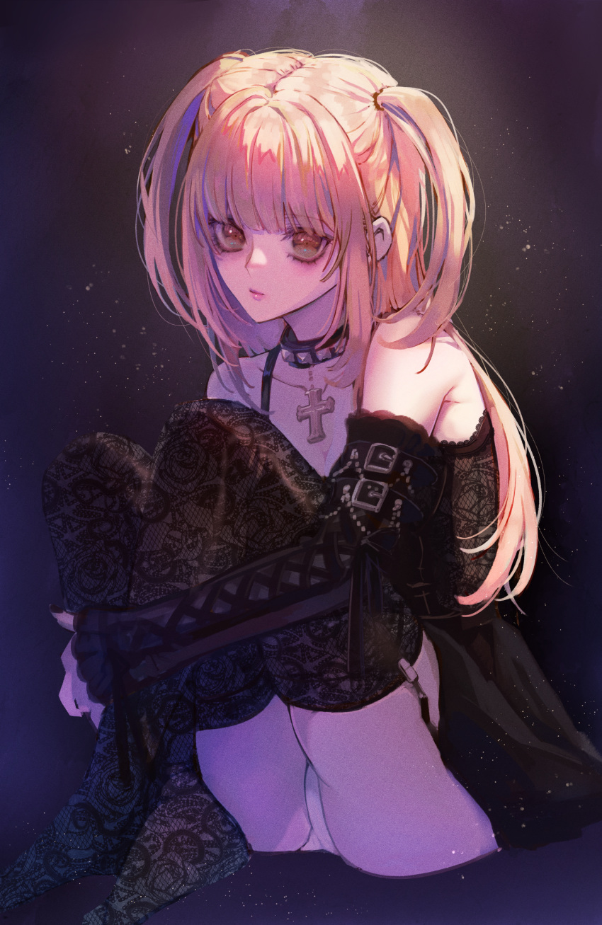 amane_misa black_collar black_dress black_nails black_ribbon black_sleeves black_thighhighs blonde_hair breasts brown_eyes cleavage closed_mouth collar collarbone cross cross_necklace death_note detached_sleeves dress female garter_straps highres hugging_own_legs jewelry long_hair long_sleeves misty_cj nail_polish necklace panties pantyshot ribbon short_dress sitting sleeveless sleeveless_dress small_breasts solo thighhighs two_side_up underwear very_long_hair white_panties