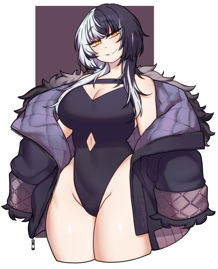 absurdres adapted_costume black_choker black_hair black_one-piece_swimsuit breasts casual_one-piece_swimsuit choker cleavage clothing_cutout coat cropped_legs female fur_trim grey_hair hair_ornament highleg highres hololive hololive_english jacket large_breasts long_hair looking_at_viewer multicolored_hair navel_cutout one-piece_swimsuit saane shiori_novella shiori_novella_(1st_costume) smile smug solo split-color_hair swimsuit two-tone_hair virtual_youtuber yellow_eyes