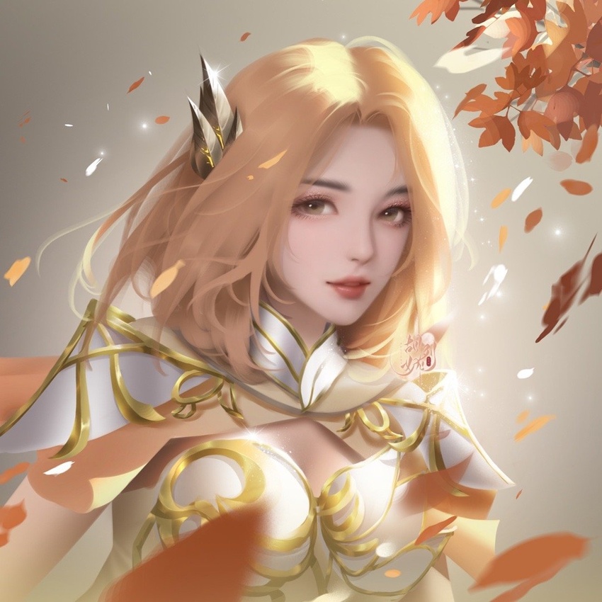 armor armored_dress artist_request check_artist cleavage_cutout clothing_cutout commentary_request douluo_dalu dress female hair_ornament hu_liena_(douluo_dalu) hu_liena_zhuye leaf light orange_hair parted_lips short_hair smile teeth