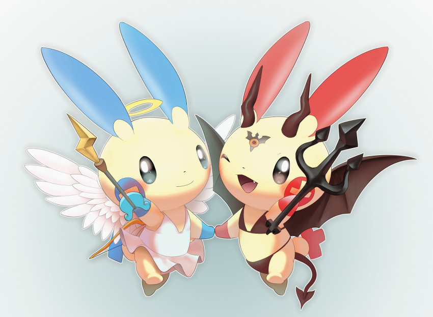 ;d absurdres angel angel_and_devil angel_wings bikini blush closed_mouth clothed_pokemon commentary_request demon_wings fangs halo highres holding minun no_humans one_eye_closed open_mouth plusle pokemon pokemon_(creature) purobe smile swimsuit tail tongue wings