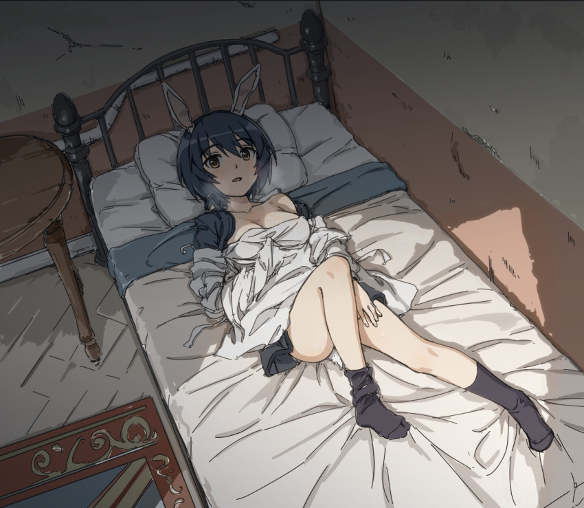 animal_ears bed bed_sheet black_hair black_shirt black_skirt black_socks brave_witches breasts brown_eyes cleavage collarbone commentary_request female from_above grey_hoodie hand_on_own_thigh hood hoodie large_breasts lying military military_uniform no_bra off_shoulder on_bed open_mouth pillow rabbit_ears rabbit_girl rabbit_tail sakakibara_taiga shimohara_sadako shirt short_hair skirt socks solo steam table tail thighs world_witches_series