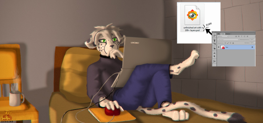 anthro bed beverage cheetah coffee computer computer_mouse ears_down electronics felid feline fur furniture green_eyes grey_body grey_fur headphones hi_res laptop lazychee lying male mammal pivoted_ears solo spots tail text