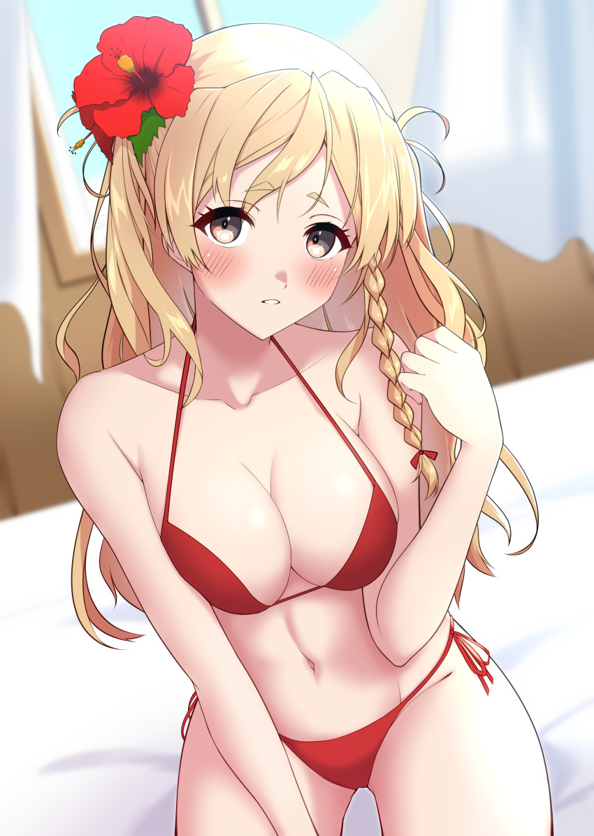 absurdres bed bikini blonde_hair blurry blurry_background blush braid breasts cleavage commentary_request curtains female flower hair_flower hair_ornament hair_ribbon hibiscus highres indoors kantai_collection large_breasts long_hair looking_at_viewer on_bed parted_lips red_bikini red_flower red_ribbon ribbon shiba_(zudha) side_braid solo swimsuit window zara_(kancolle)