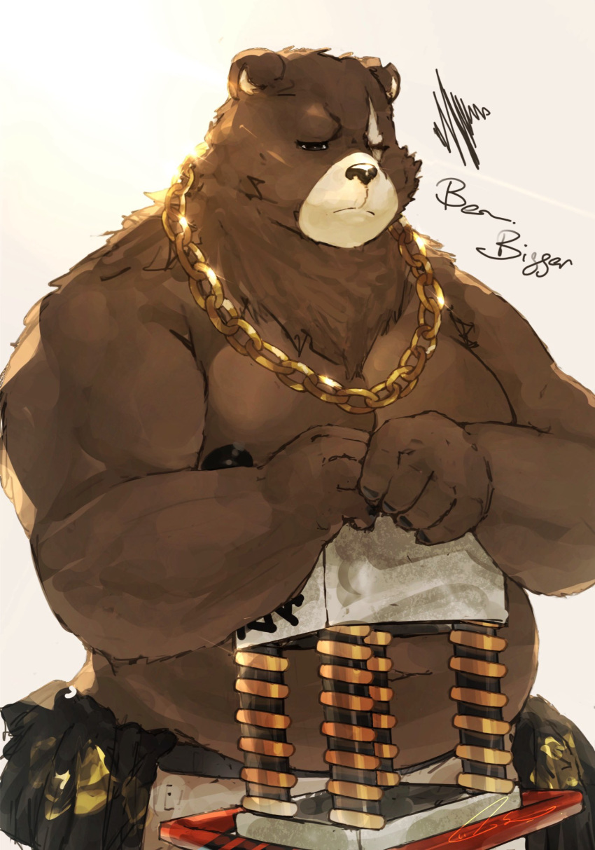 1boy animal_ears bara bare_pectorals bear_boy bear_ears belly ben_bigger brown_fur chain_necklace chains claws english_commentary fat furry furry_male highres holding holding_weapon jewelry kokake_(10_cosmo_24) looking_down male_focus navel necklace nipples notched_ear pectorals plump scar scar_across_eye squiggle topless_male weapon white_background zenless_zone_zero